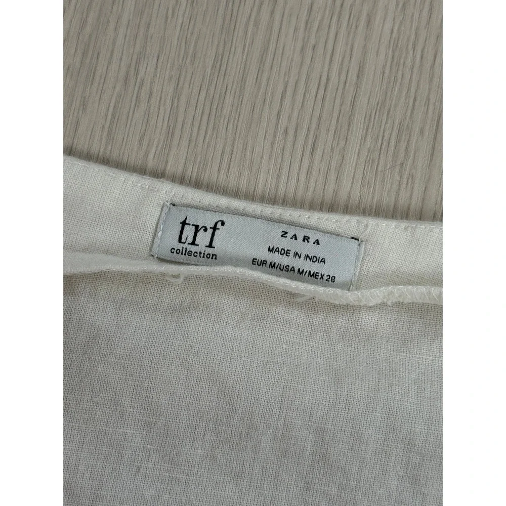 Blouse Zara Womens Medium Cream Cotton Linen Puff Sleeve V-Neck Button Front